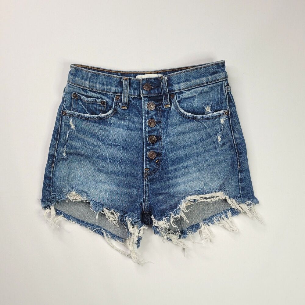 Abercrombie High Rise Mom Shorts Distressed Blue Cutoff 24 00